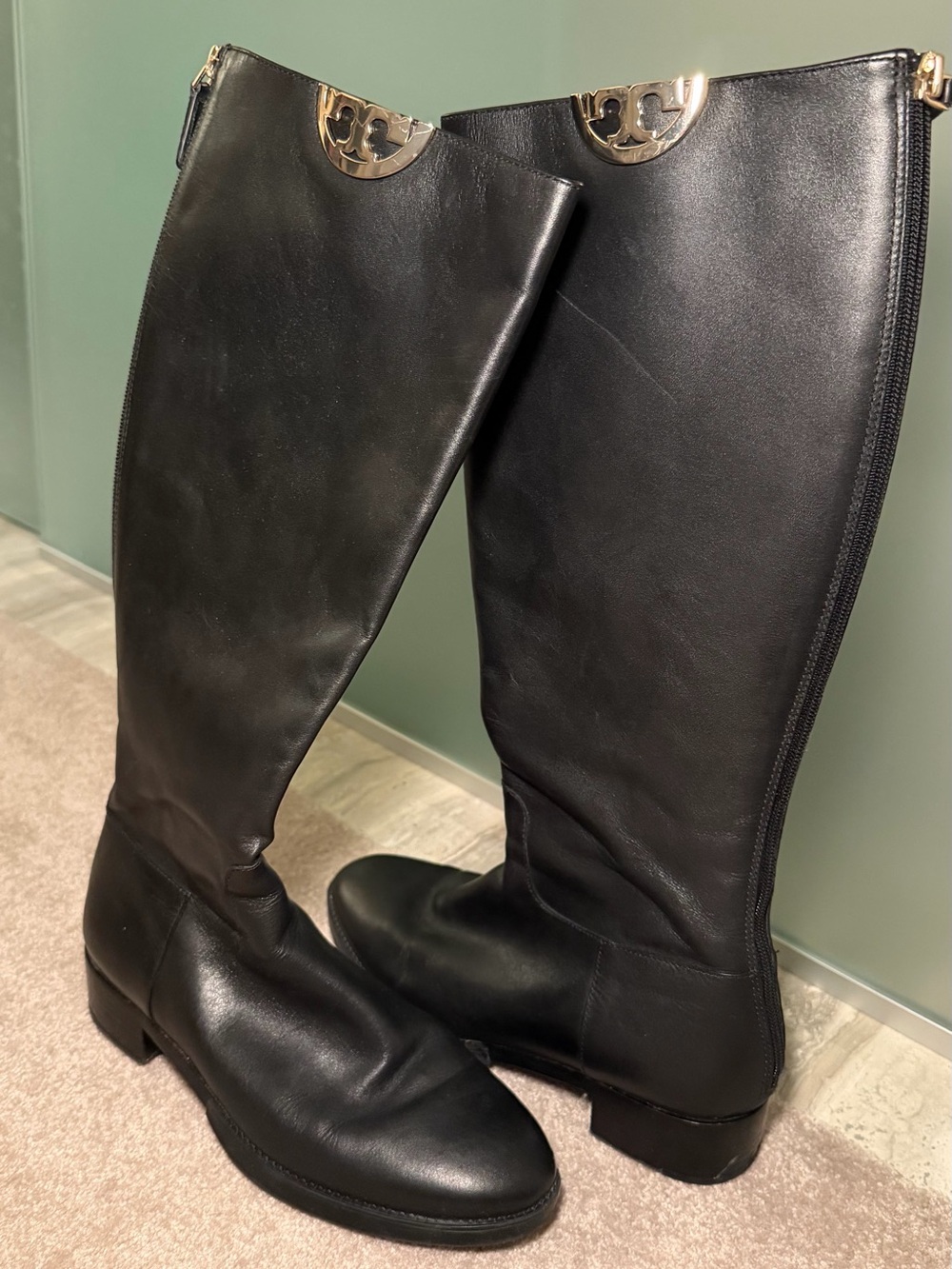 Tory Burch Black Leather Over-the-Knee Riding Boots with Gold Logo